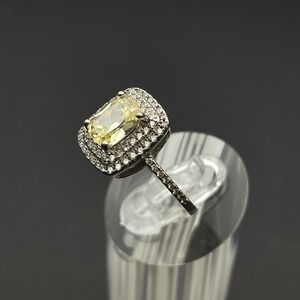 Sterling Silver Sparkling Dual Halo Square Champagne Stone‎ Cocktail Ring US7.5